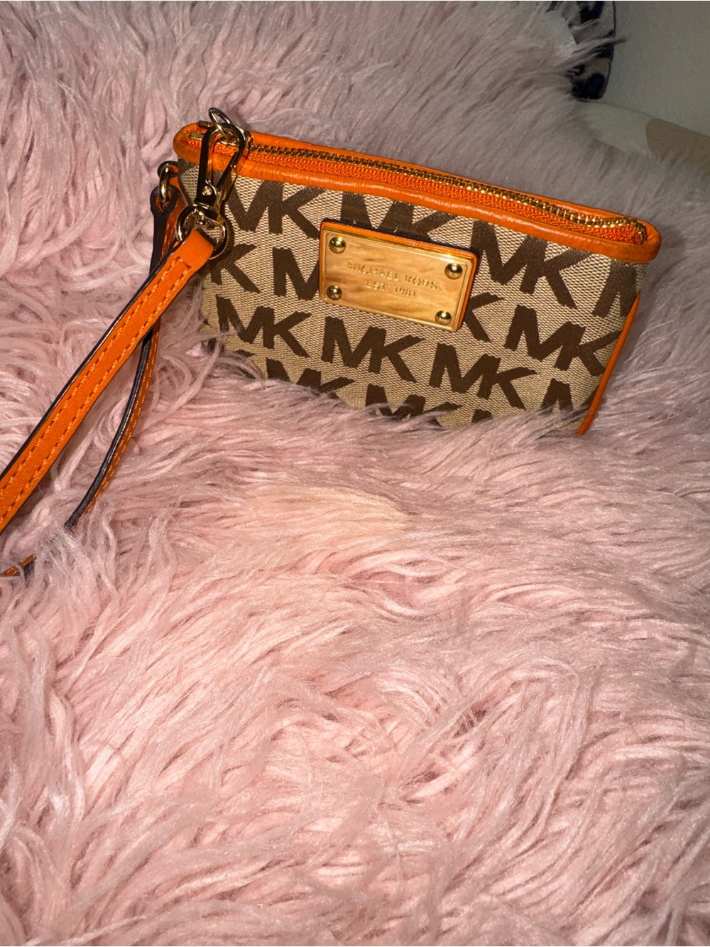 Michael Kors MK Wristlet Signature Logo Cavas Pattern with Orange Leather Trim. - Picture 2 of 7